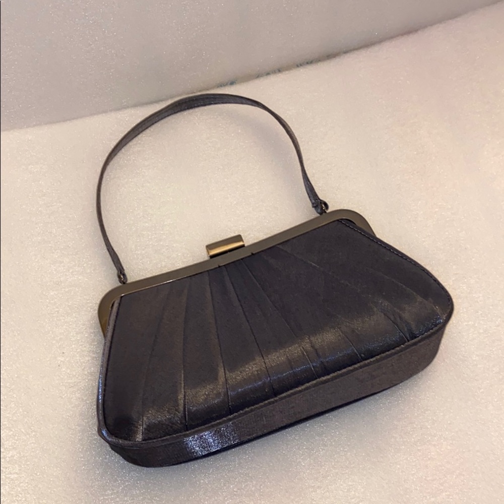 Elegant shimmery gunmetal evening bag with pleated front - 2 ways to wear!